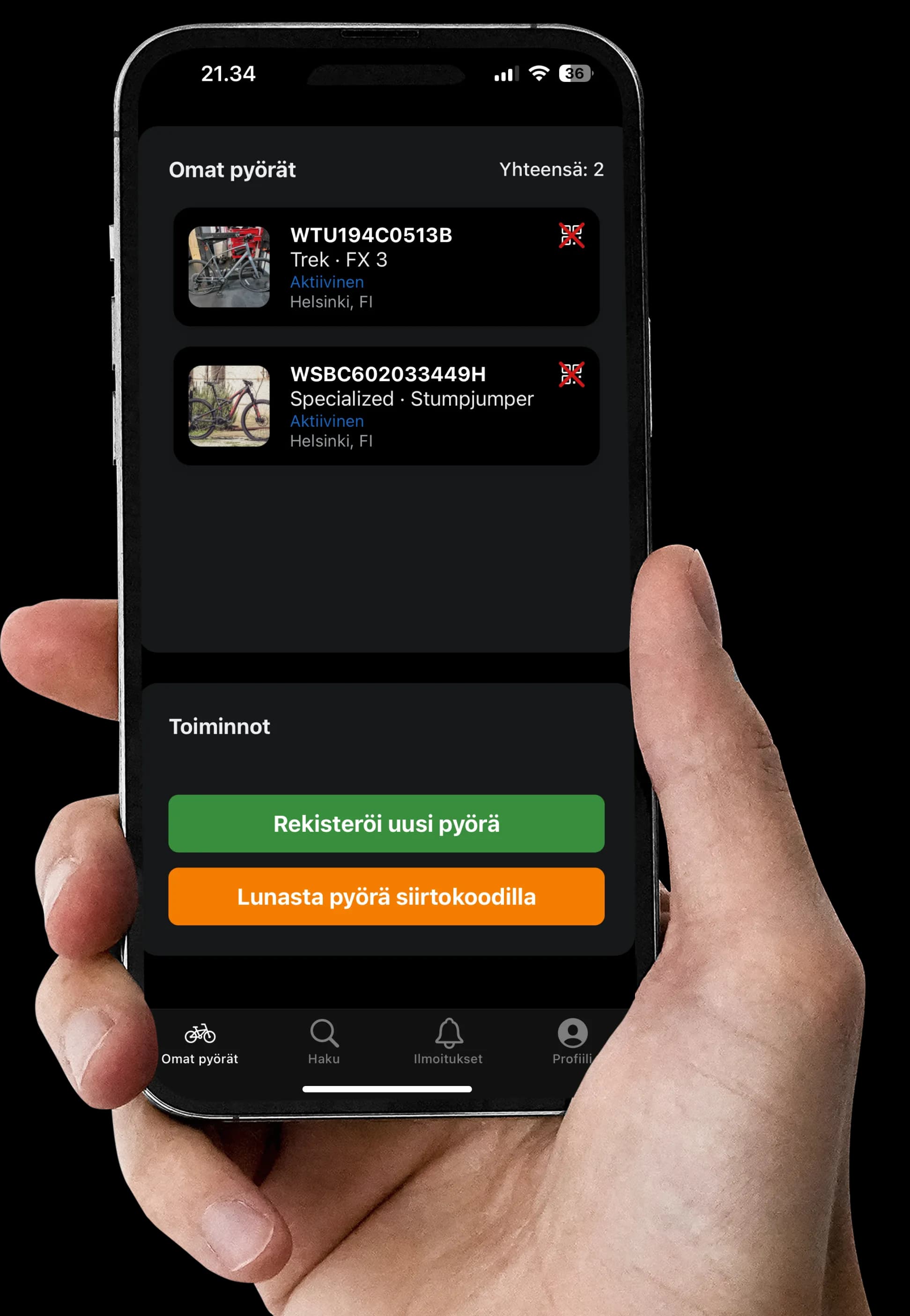 Bike Registry mobile app interface showing bicycle registration and tracking features in Finnish
