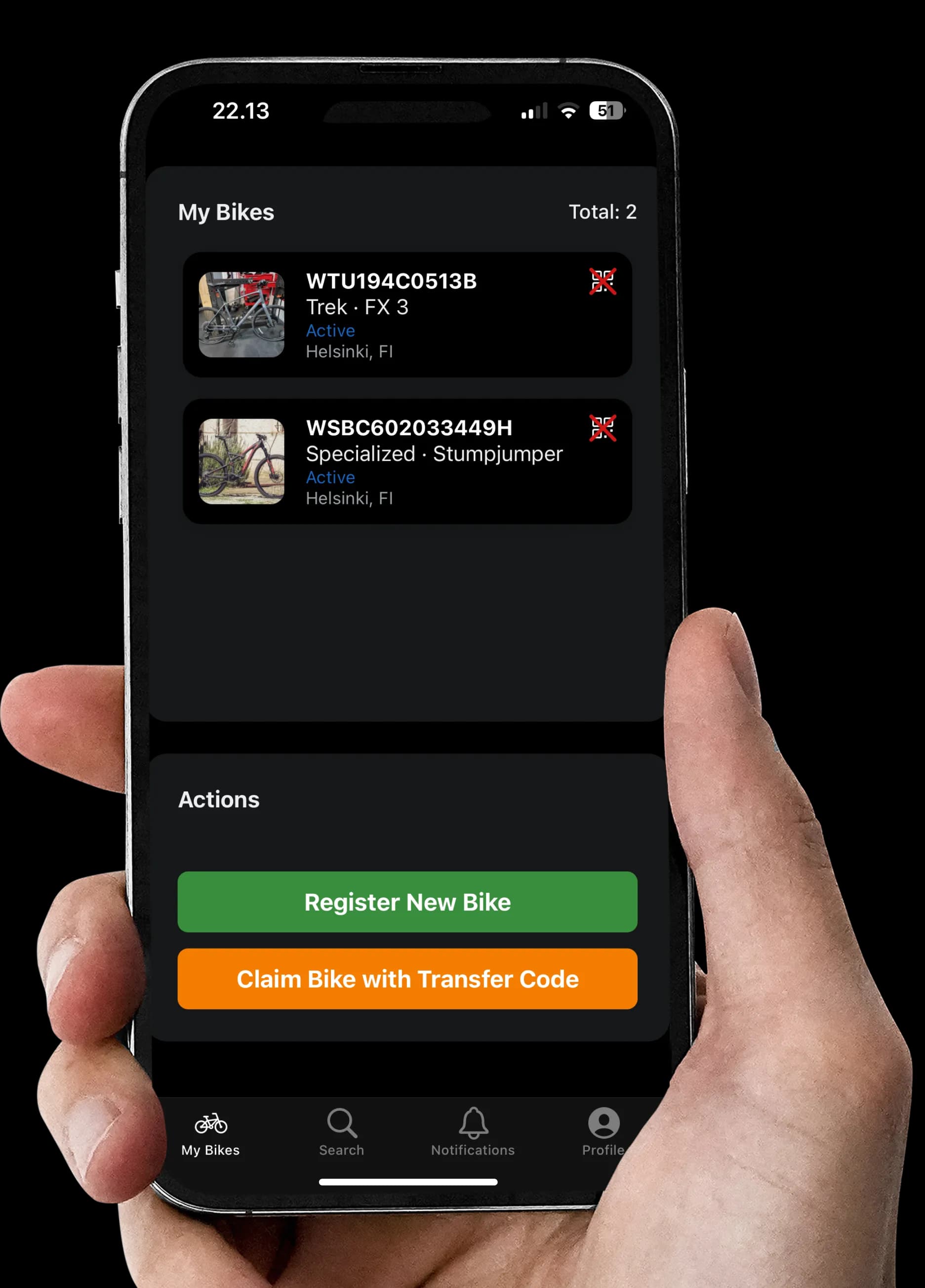 Bike Registry mobile app interface showing bicycle registration and tracking features in Finnish