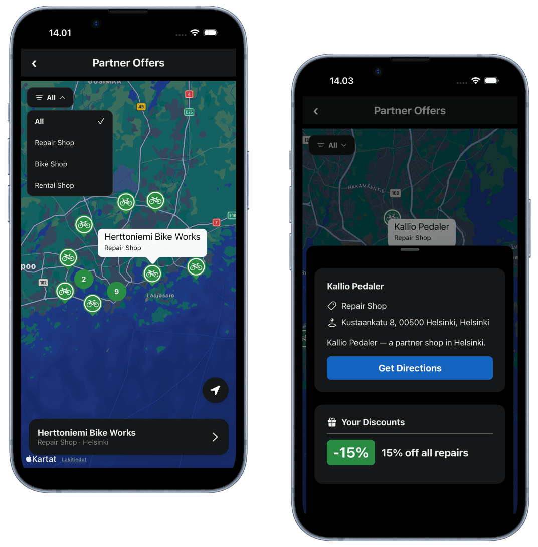 Bike Registry partner offers map and shop details