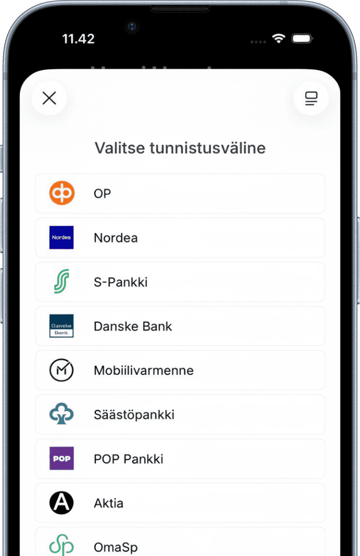 Suomalaisen pankin tunnistautumisnäkymä, jossa valitaan tunnistusväline.